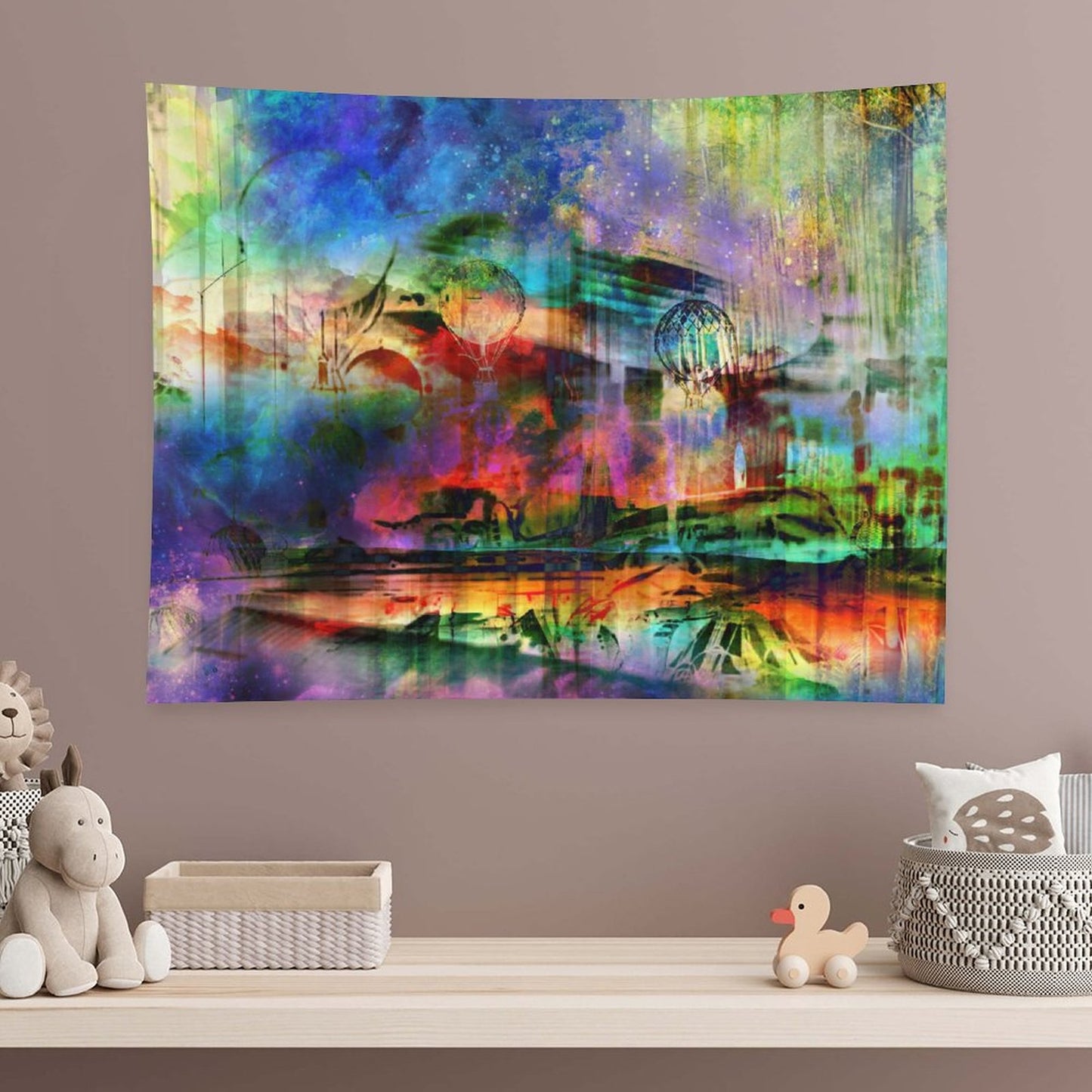 The Slow Crossing psychedelic tapestry, a pastel dreamscape with airships and balloons drifting above still water