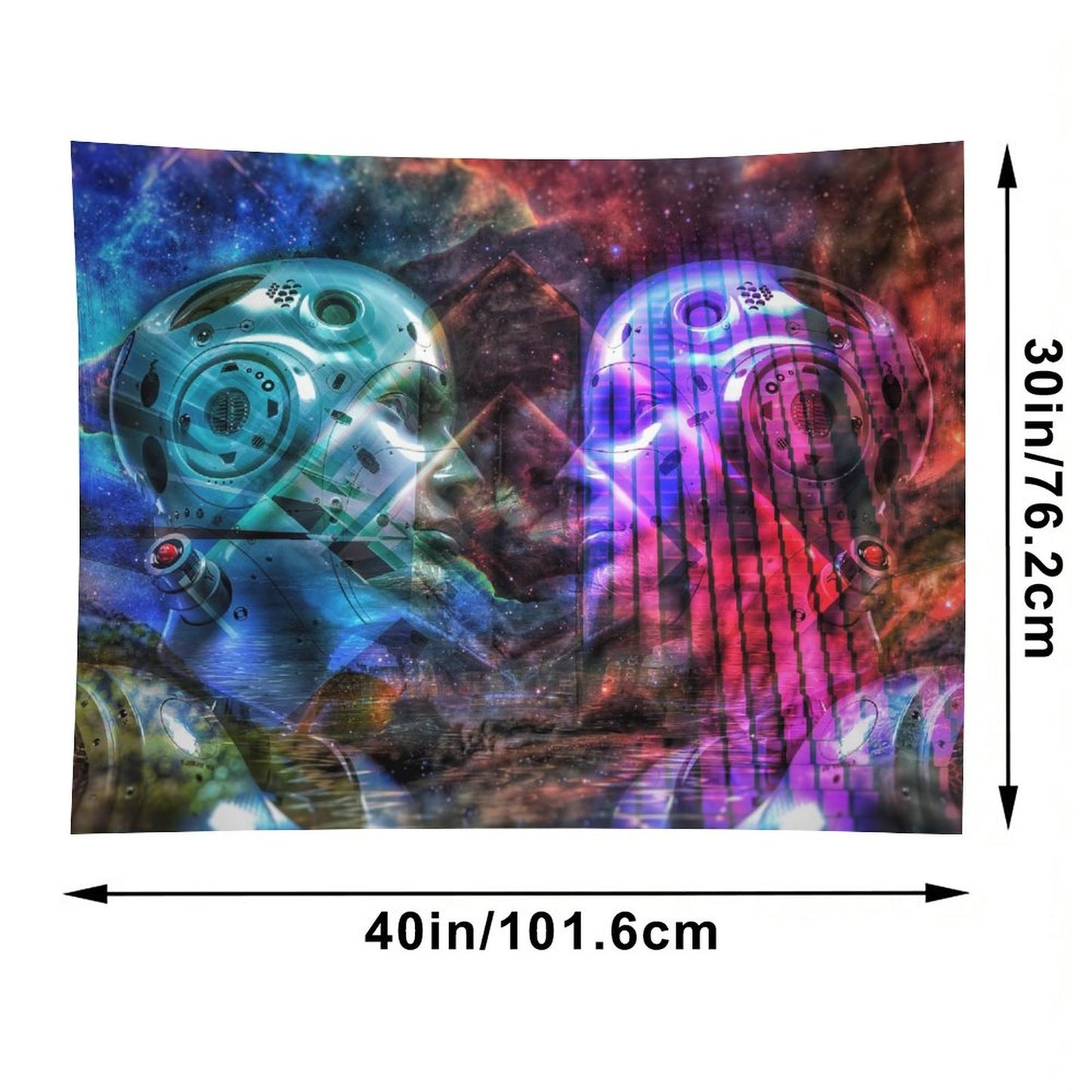 Two Minds psychedelic tapestry, two chrome faces turned toward each other in teal and magenta against a nebula