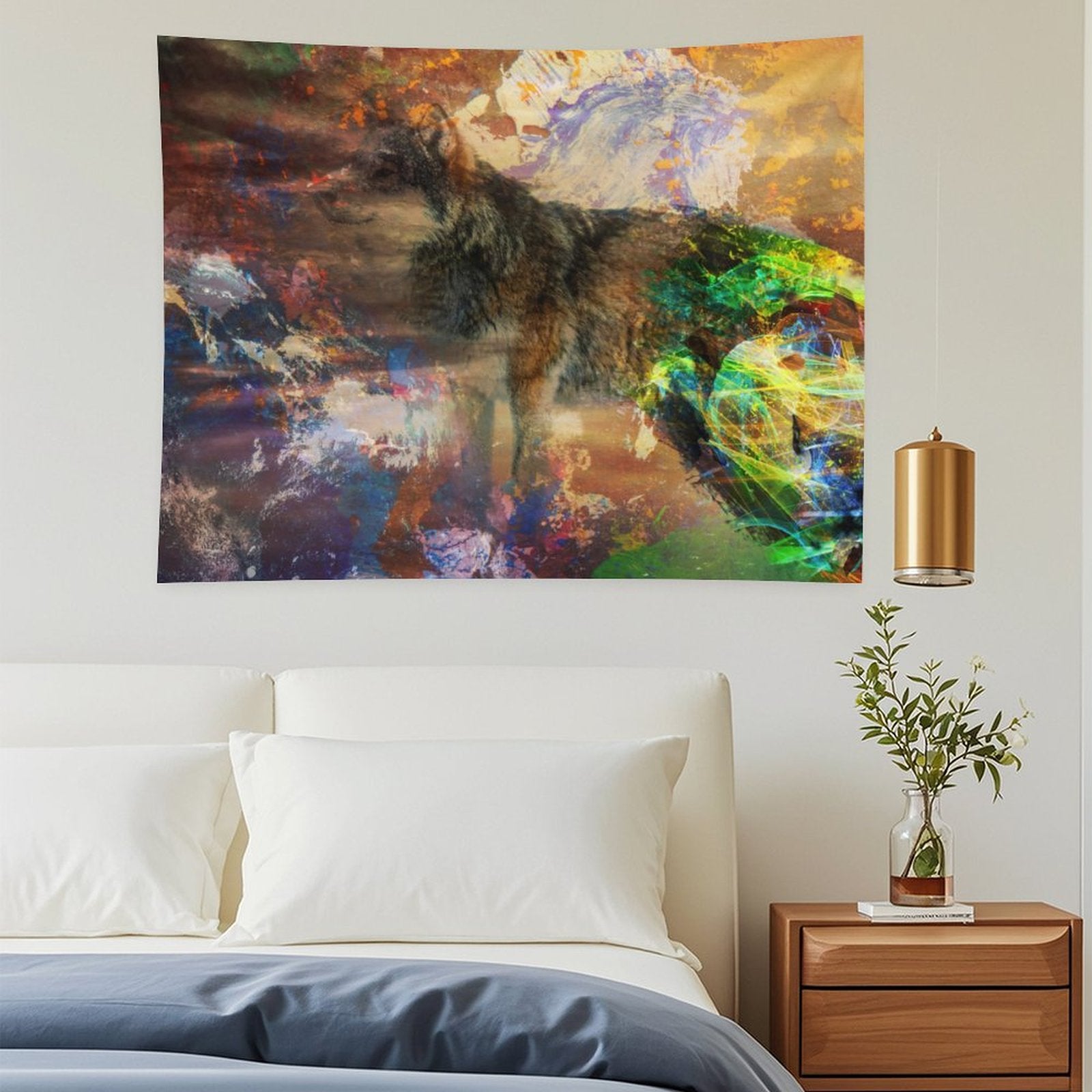 Energy Wolf psychedelic tapestry, a wolf standing in earth tones with a burst of spectrum breaking across its side
