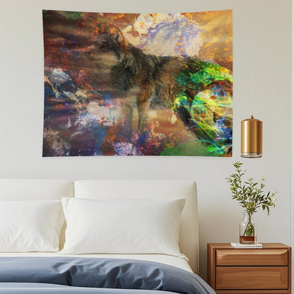 Energy Wolf psychedelic tapestry, a wolf standing in earth tones with a burst of spectrum breaking across its side