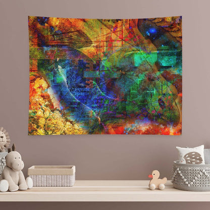 Of The Soul psychedelic tapestry, an ochre and cobalt field broken by green blocks and a scatter of deep space