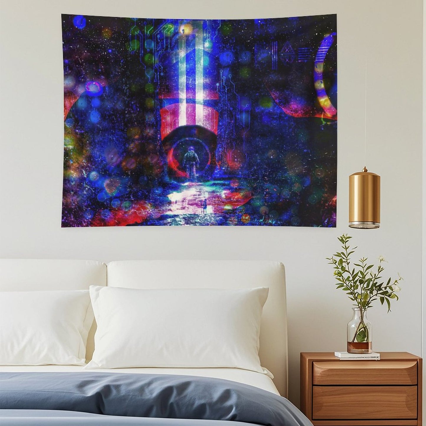 Circuit Vigil psychedelic tapestry, a lone figure on a wet neon street before a blue and crimson monolith in a circuit starfield