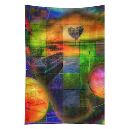 Heart Field psychedelic tapestry, a quilted grid of green and orange panels with a heart shaped tree and two planets