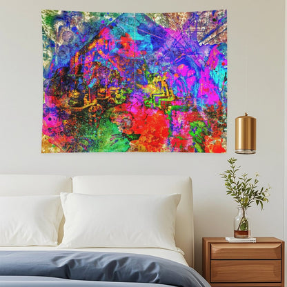 Riot Valley psychedelic tapestry, full spectrum color over a suggested mountain valley with drips and saturated overspray