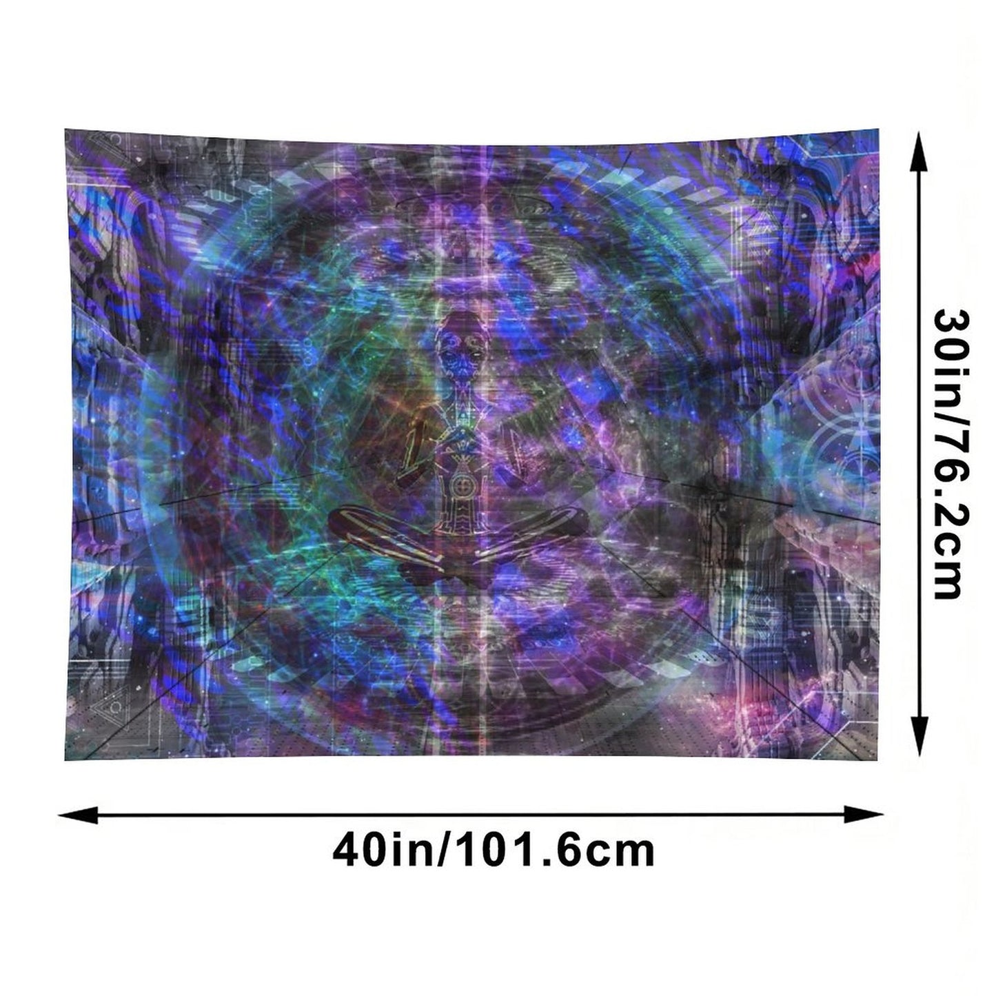 Still Point psychedelic tapestry, a seated figure at the center of a vast concentric mandala drawn like a blueprint