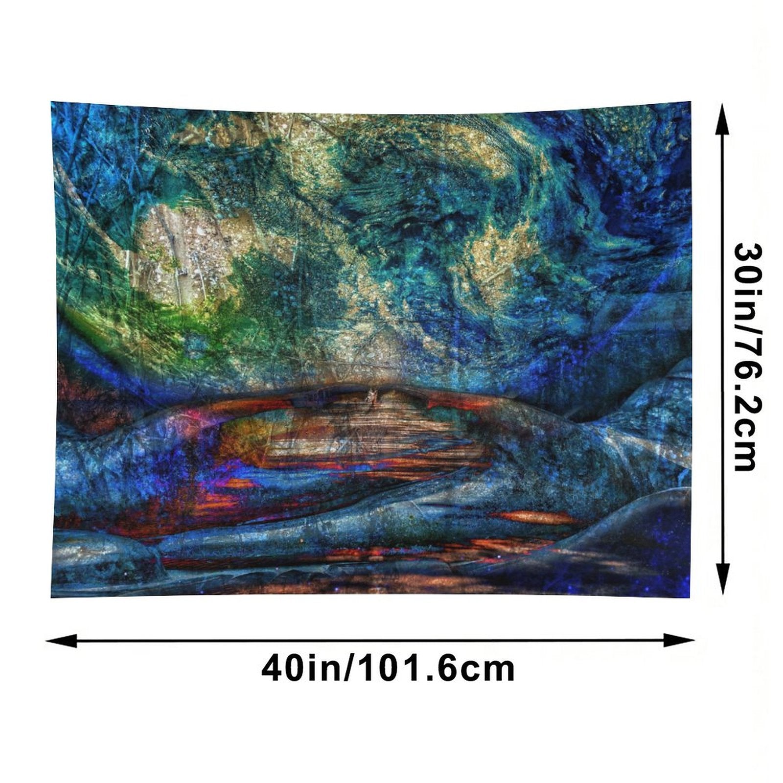 Stone Current psychedelic tapestry, layered rock in teal and gold with a river of light running through the strata