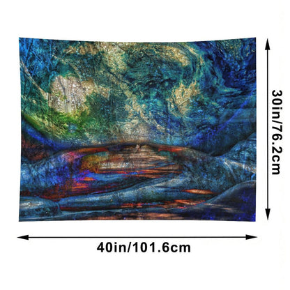 Stone Current psychedelic tapestry, layered rock in teal and gold with a river of light running through the strata