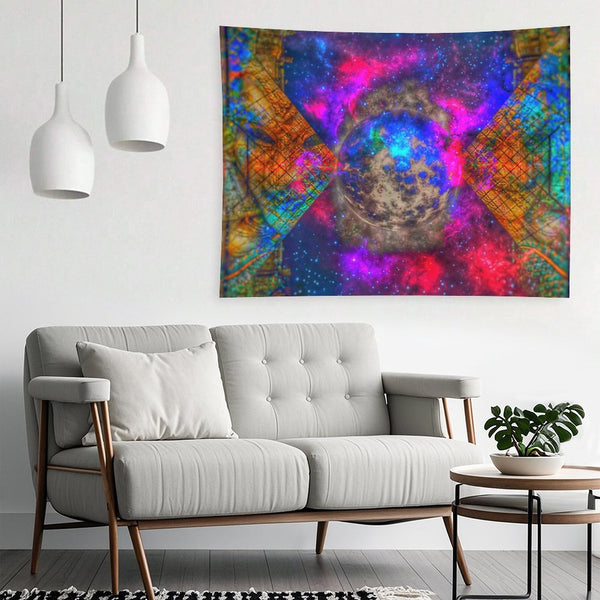 Held World psychedelic tapestry, a pocked moon in a starfield held inside an X of golden circuit lattice