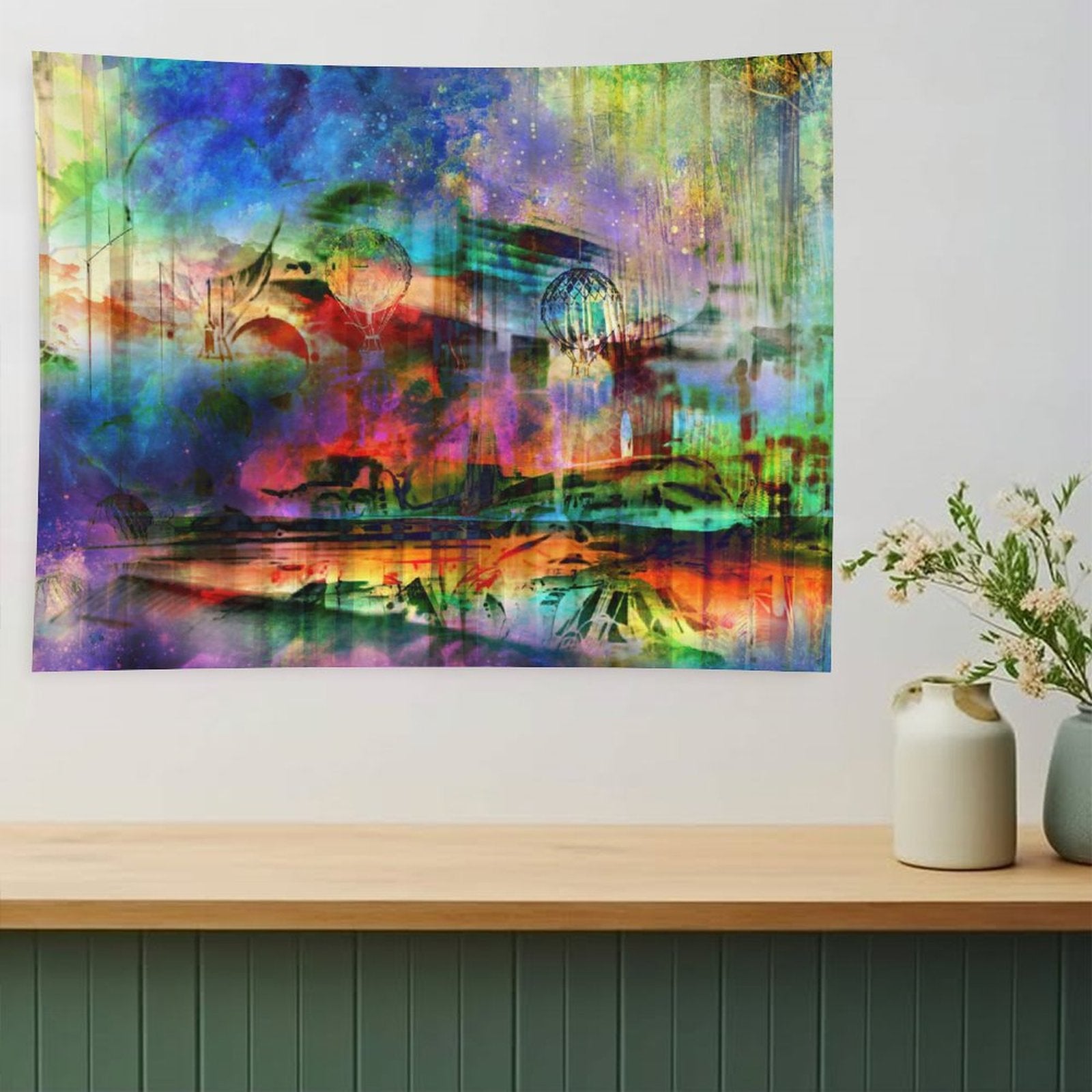 The Slow Crossing psychedelic tapestry, a pastel dreamscape with airships and balloons drifting above still water