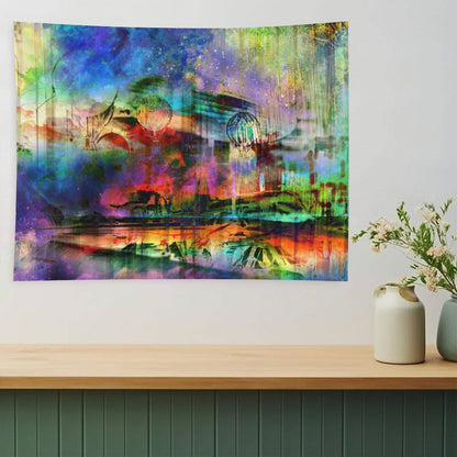 The Slow Crossing psychedelic tapestry, a pastel dreamscape with airships and balloons drifting above still water