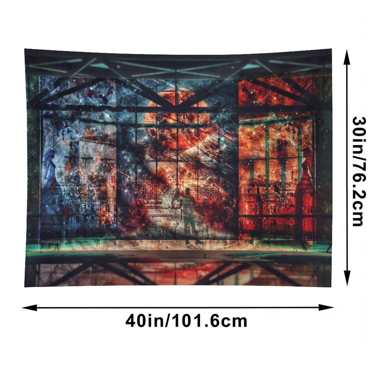 Our Shared Spaces psychedelic tapestry, a steel framed hall opening onto a red and blue starfield with one figure on the floor