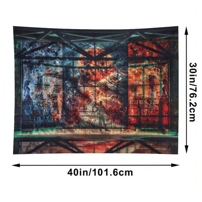 Our Shared Spaces psychedelic tapestry, a steel framed hall opening onto a red and blue starfield with one figure on the floor