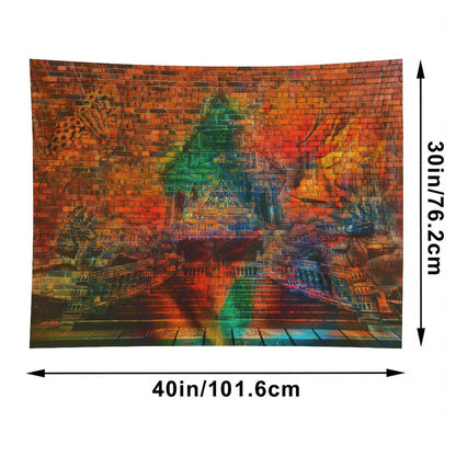 The Kiln psychedelic tapestry, a glowing triangular temple form set into a brick wall above a reflective floor