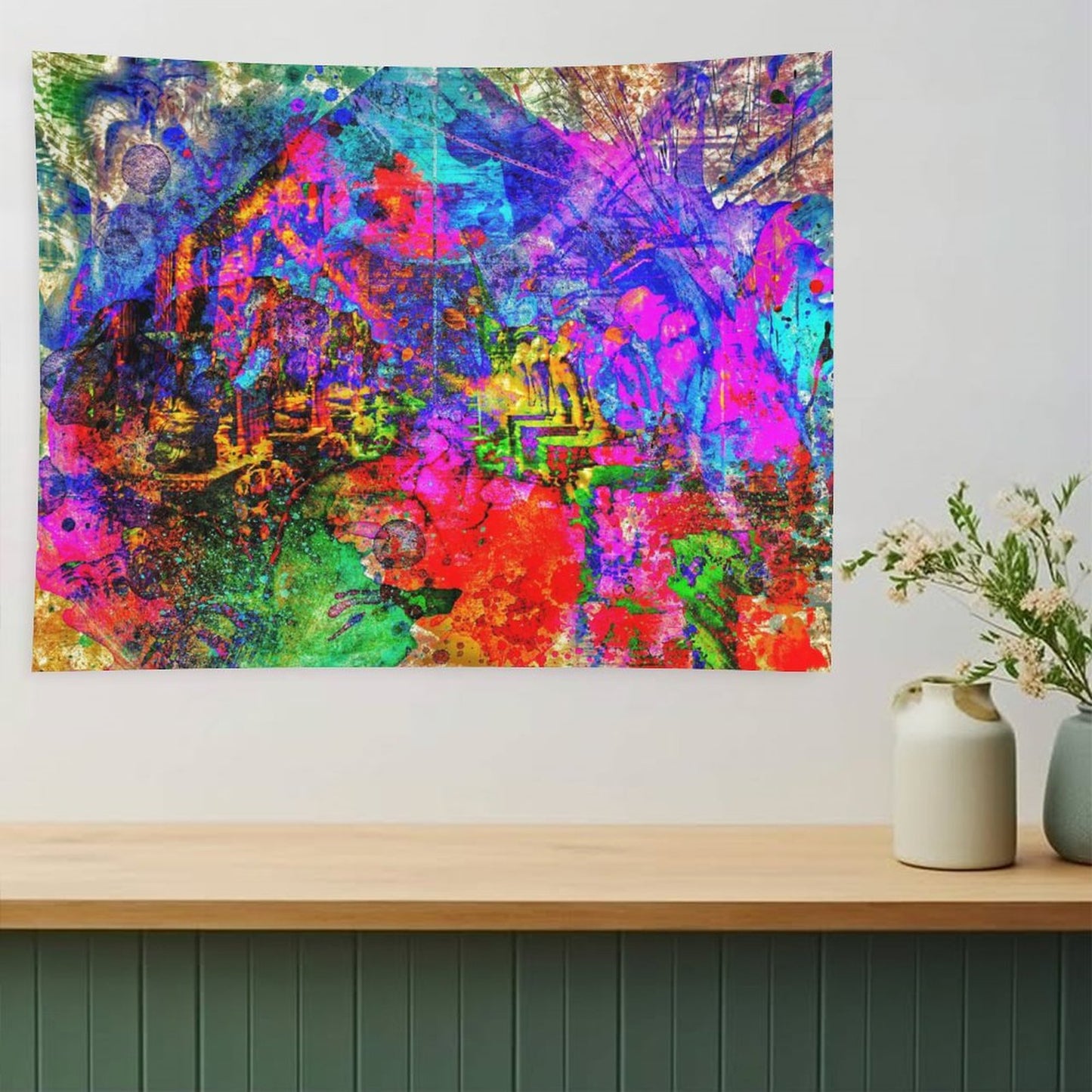 Riot Valley psychedelic tapestry, full spectrum color over a suggested mountain valley with drips and saturated overspray