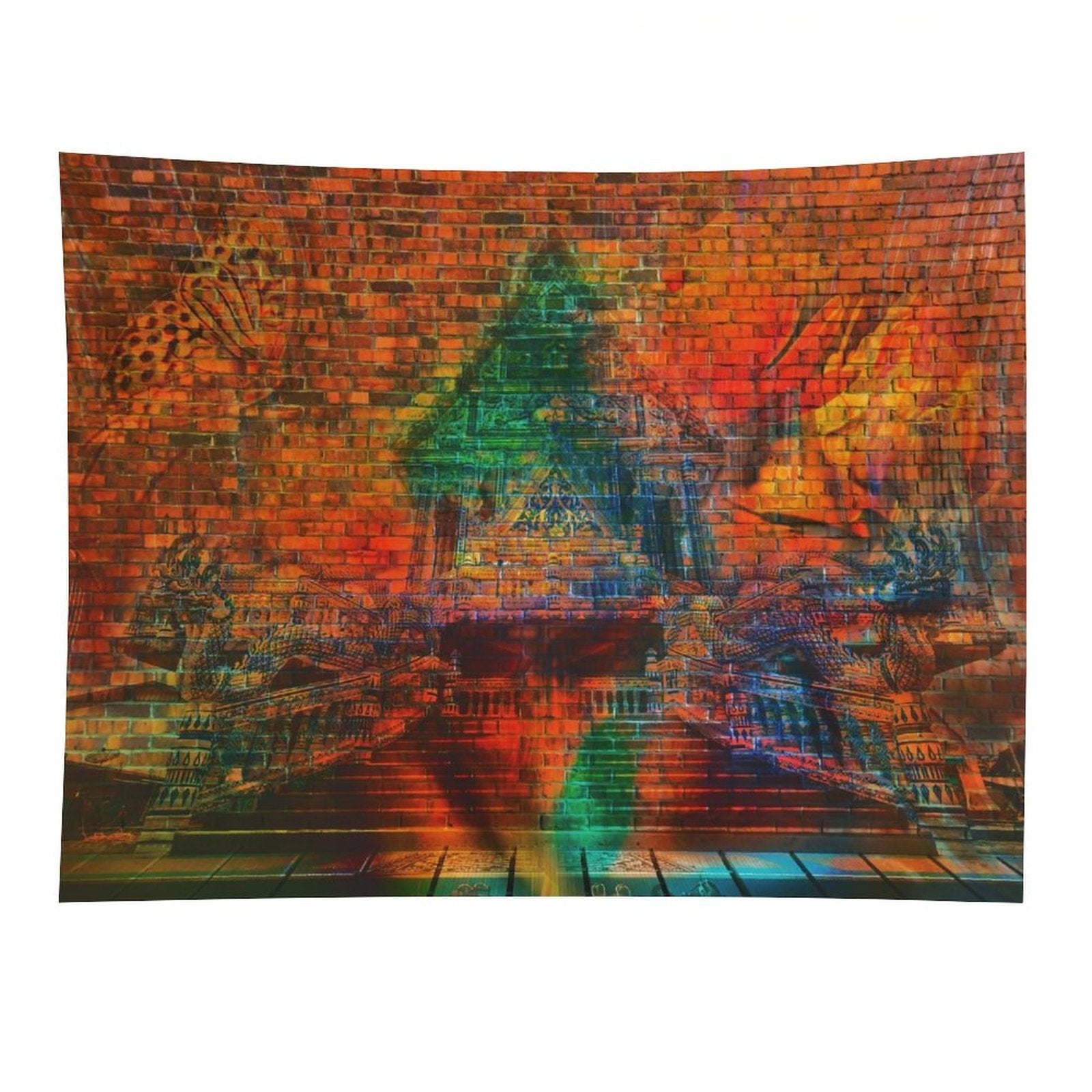 The Kiln psychedelic tapestry, a glowing triangular temple form set into a brick wall above a reflective floor