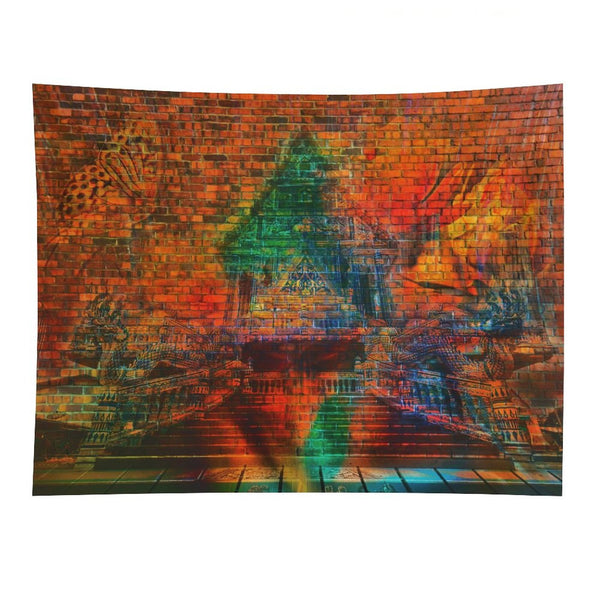 The Kiln psychedelic tapestry, a glowing triangular temple form set into a brick wall above a reflective floor