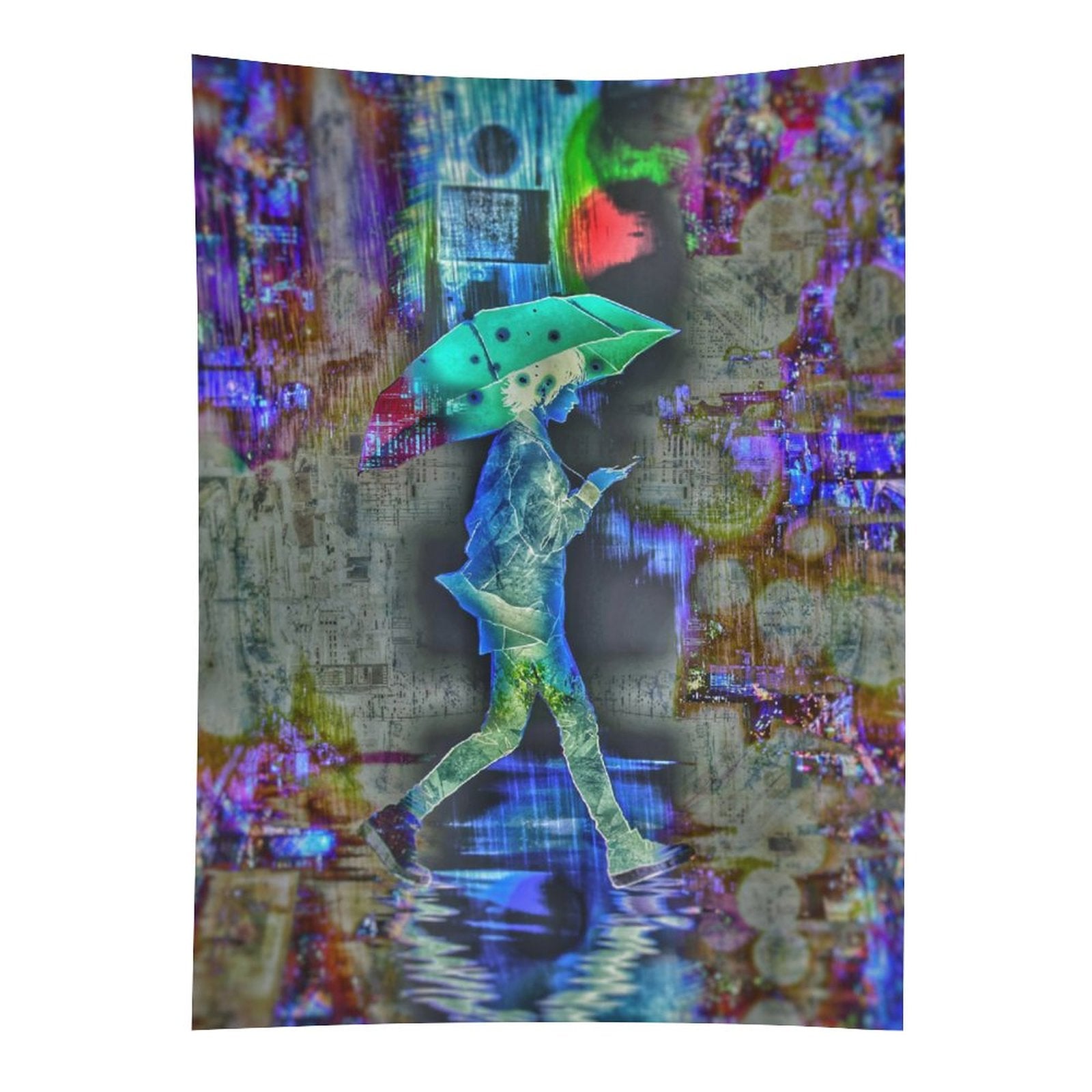 Rainy Days psychedelic tapestry, a figure with a teal umbrella crossing a flooded street over a collaged newsprint ground