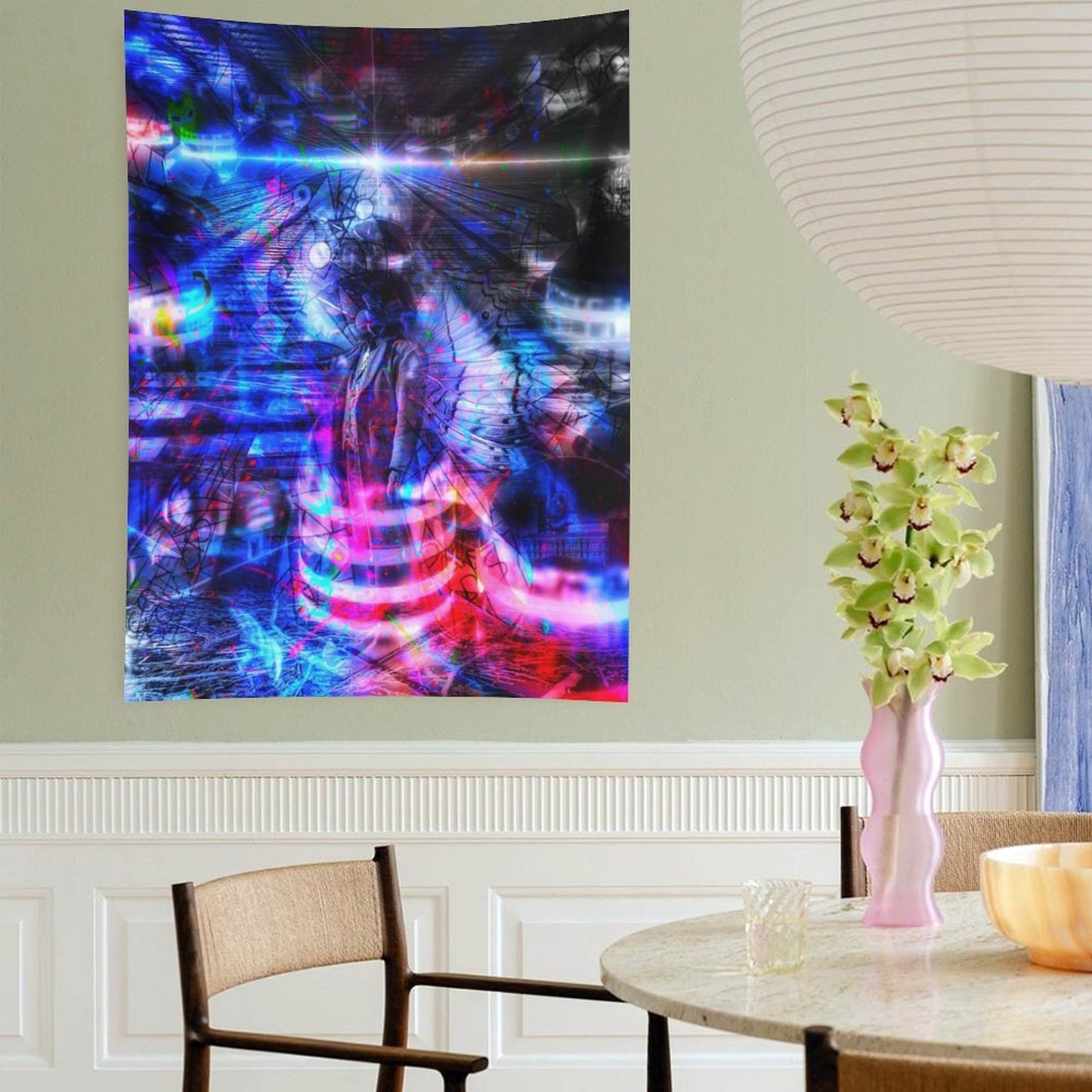 Butterfly Futures psychedelic tapestry, a radiant figure in blue and magenta with light bursting outward in bands