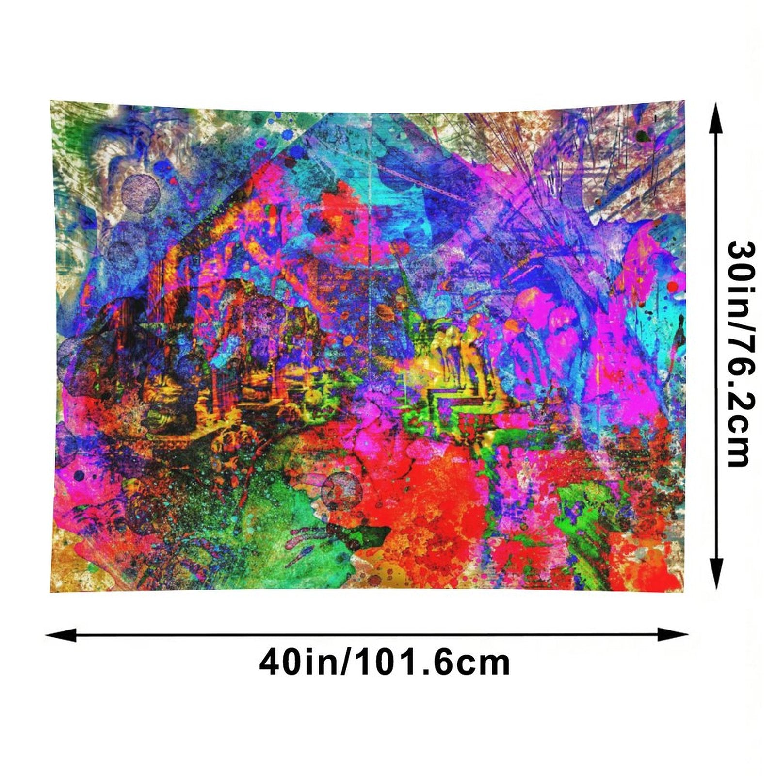 Riot Valley psychedelic tapestry, full spectrum color over a suggested mountain valley with drips and saturated overspray