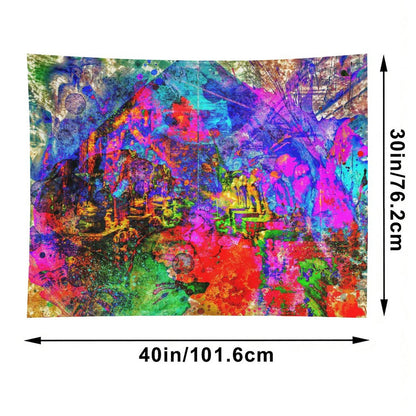 Riot Valley psychedelic tapestry, full spectrum color over a suggested mountain valley with drips and saturated overspray