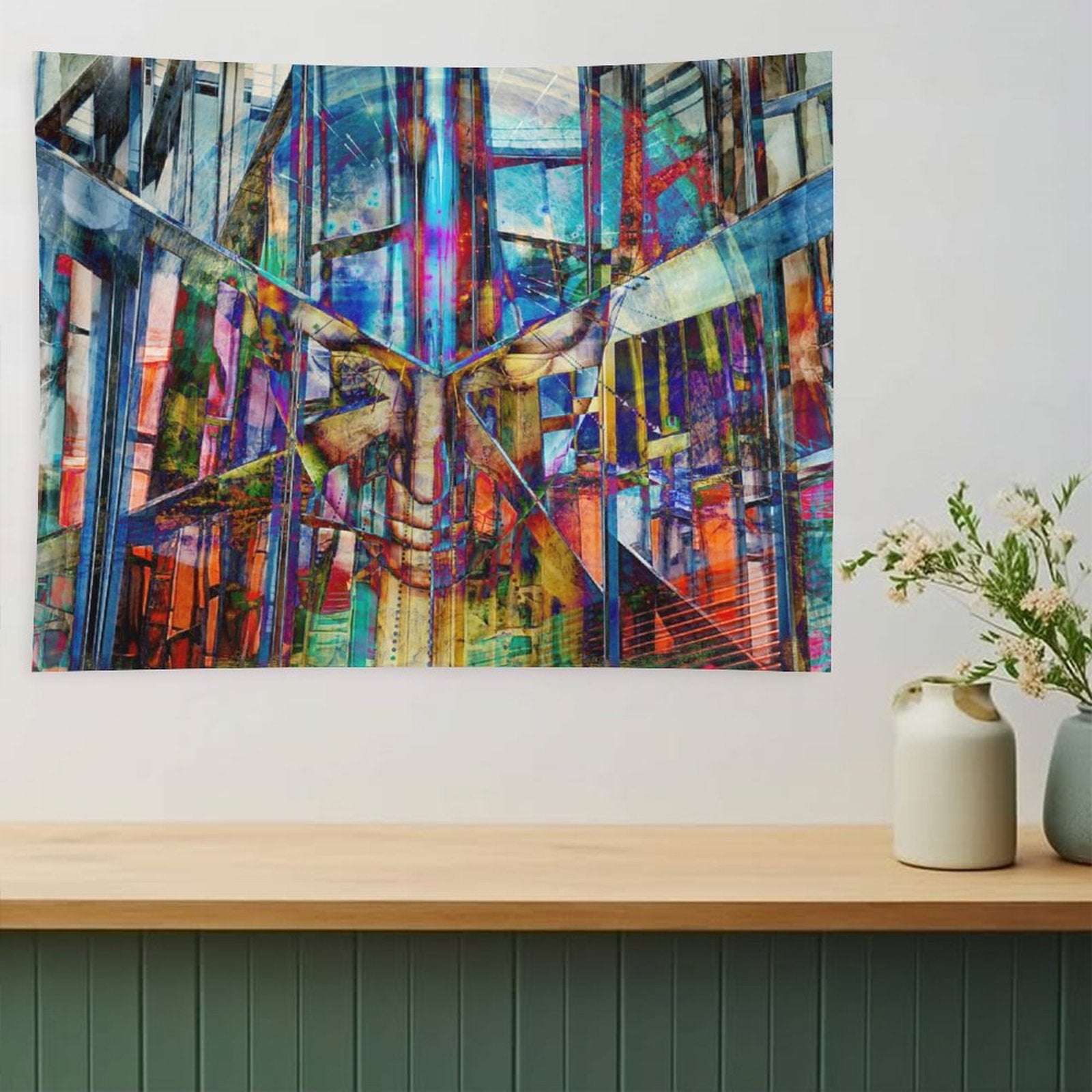 The Fold psychedelic tapestry, a mirrored urban corridor folded into kaleidoscope with stained glass color