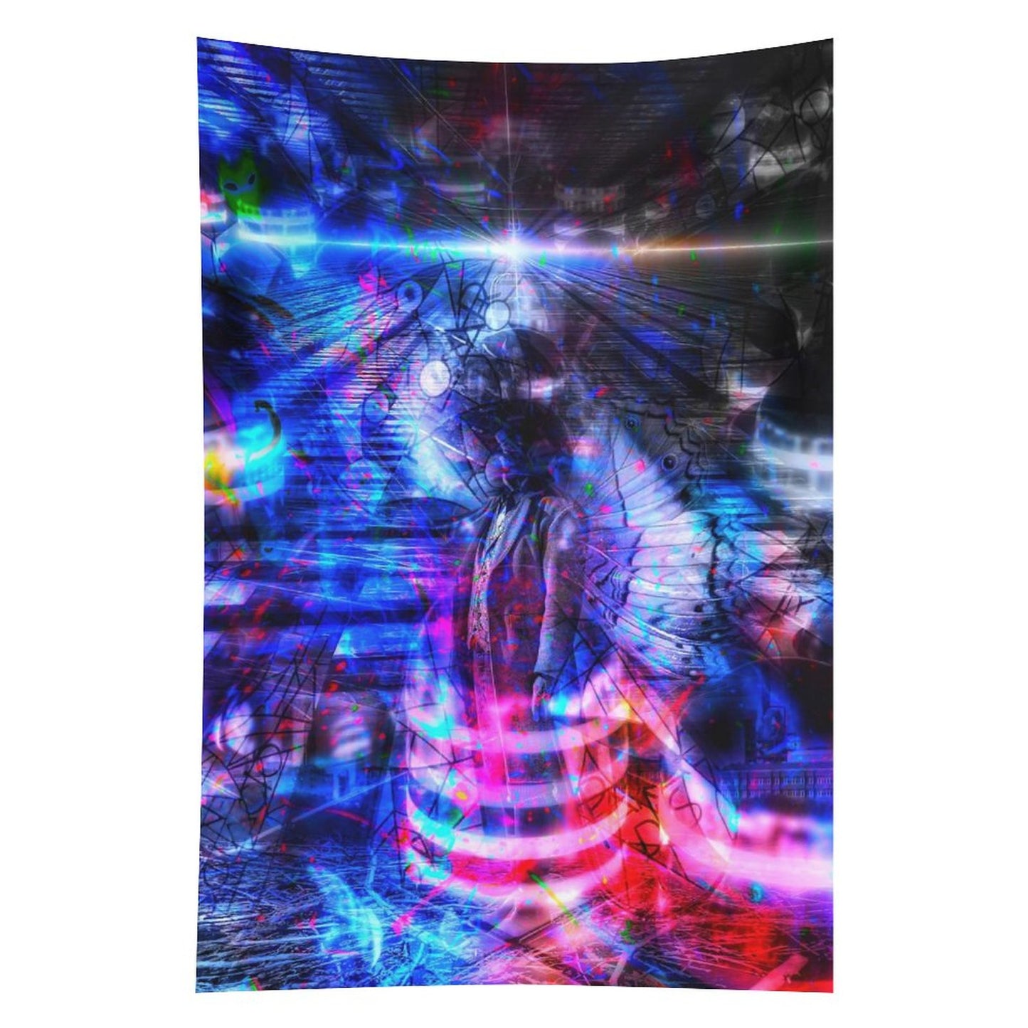 Butterfly Futures psychedelic tapestry, a radiant figure in blue and magenta with light bursting outward in bands
