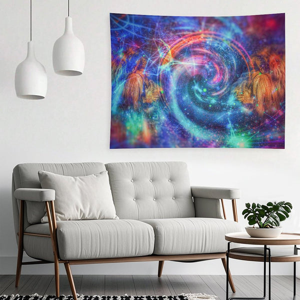 Twin Wardens psychedelic tapestry, a spiral galaxy vortex flanked by two golden maned guardians facing inward