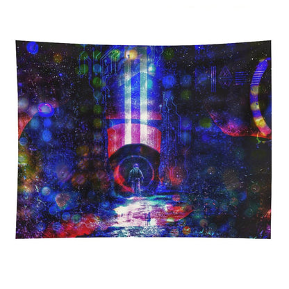 Circuit Vigil psychedelic tapestry, a lone figure on a wet neon street before a blue and crimson monolith in a circuit starfield