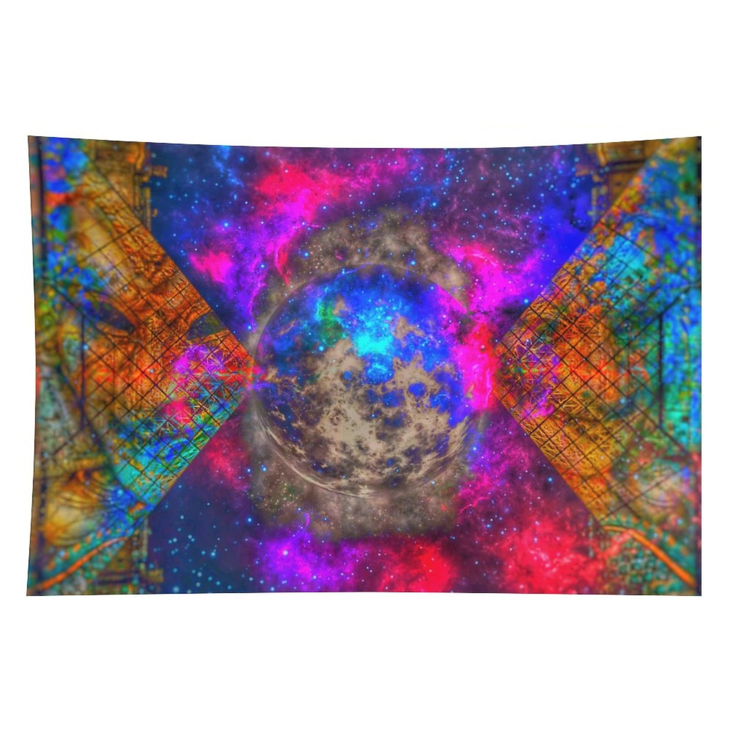 Held World psychedelic tapestry, a pocked moon in a starfield held inside an X of golden circuit lattice
