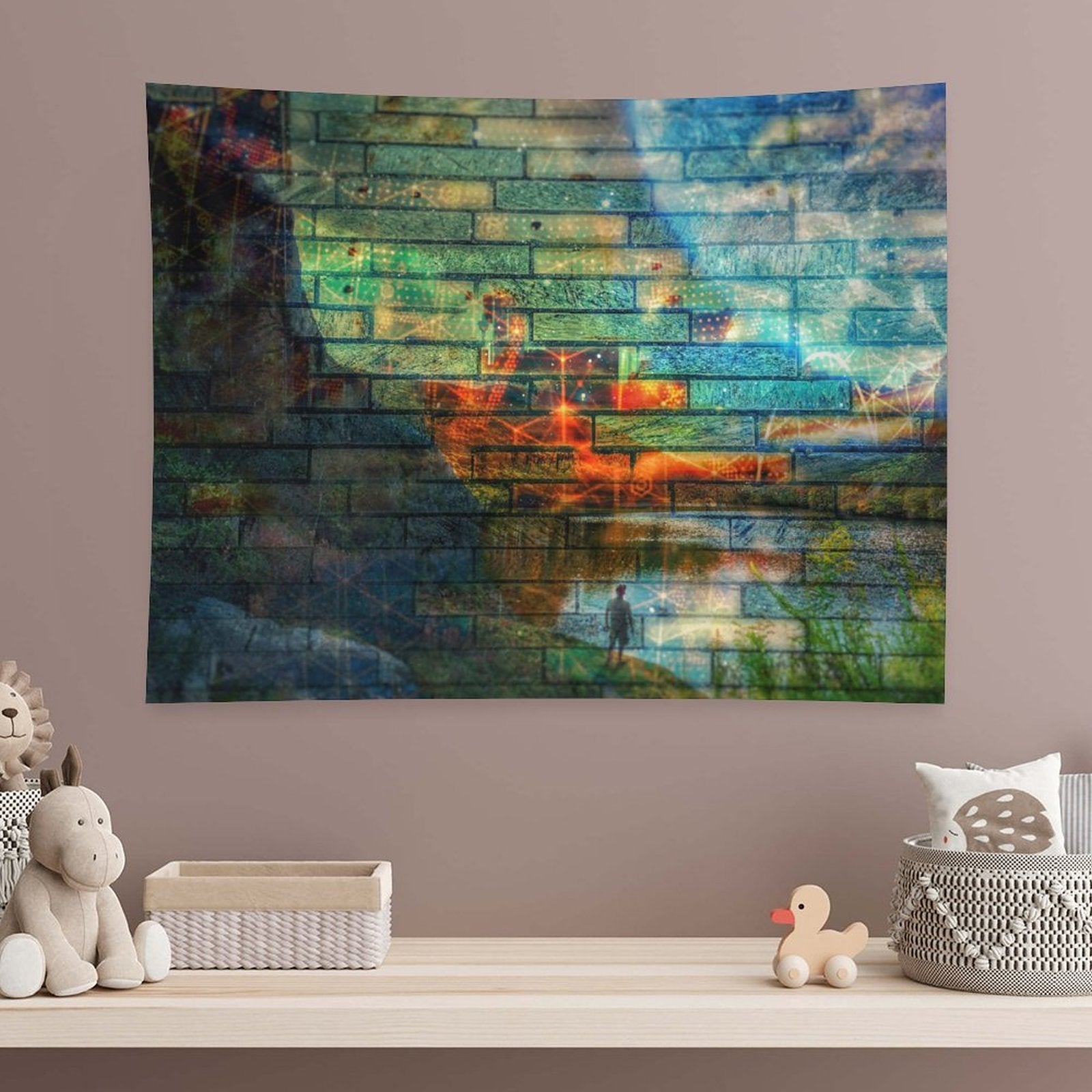 Wall of Days psychedelic tapestry, a long brick and stone wall with a glowing orange seam and one small figure at its base