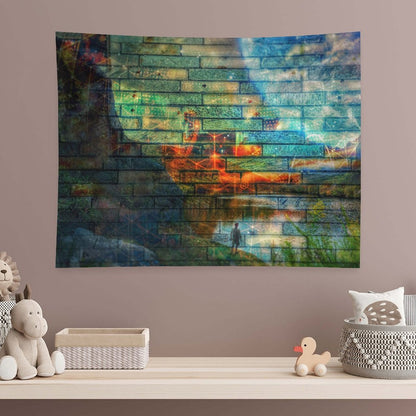 Wall of Days psychedelic tapestry, a long brick and stone wall with a glowing orange seam and one small figure at its base