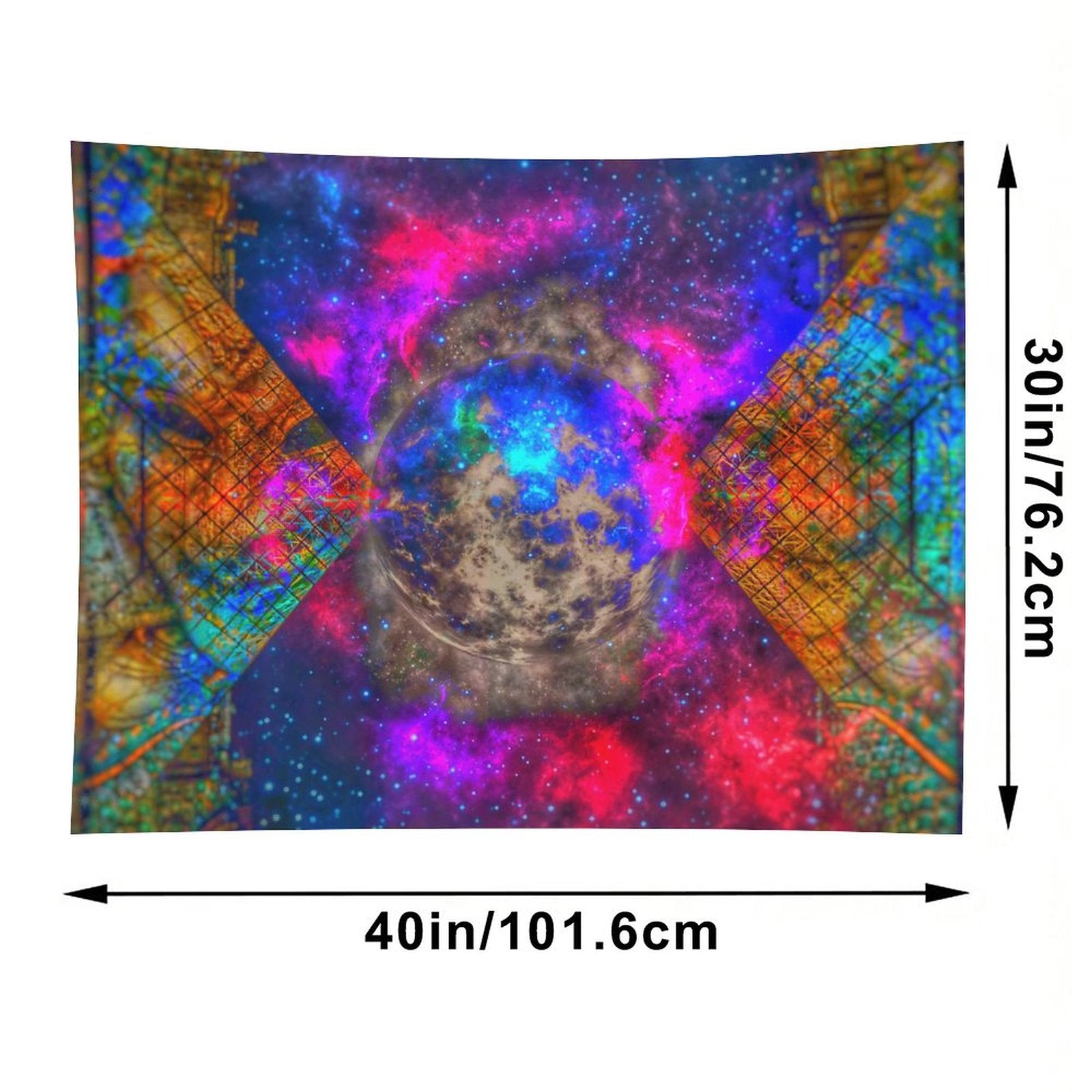 Held World psychedelic tapestry, a pocked moon in a starfield held inside an X of golden circuit lattice