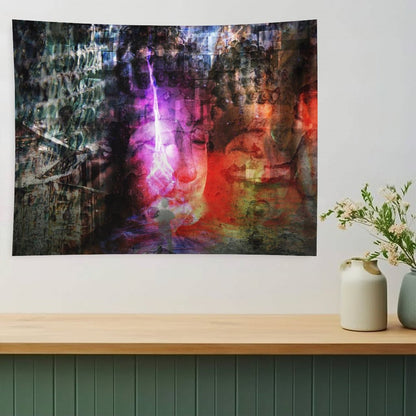 The Patient Fire psychedelic tapestry, layered stone faces with a magenta flame rising through the center