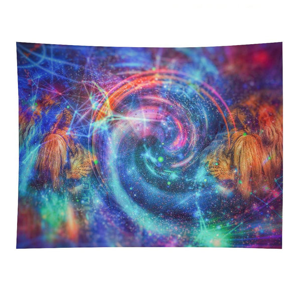 Twin Wardens psychedelic tapestry, a spiral galaxy vortex flanked by two golden maned guardians facing inward