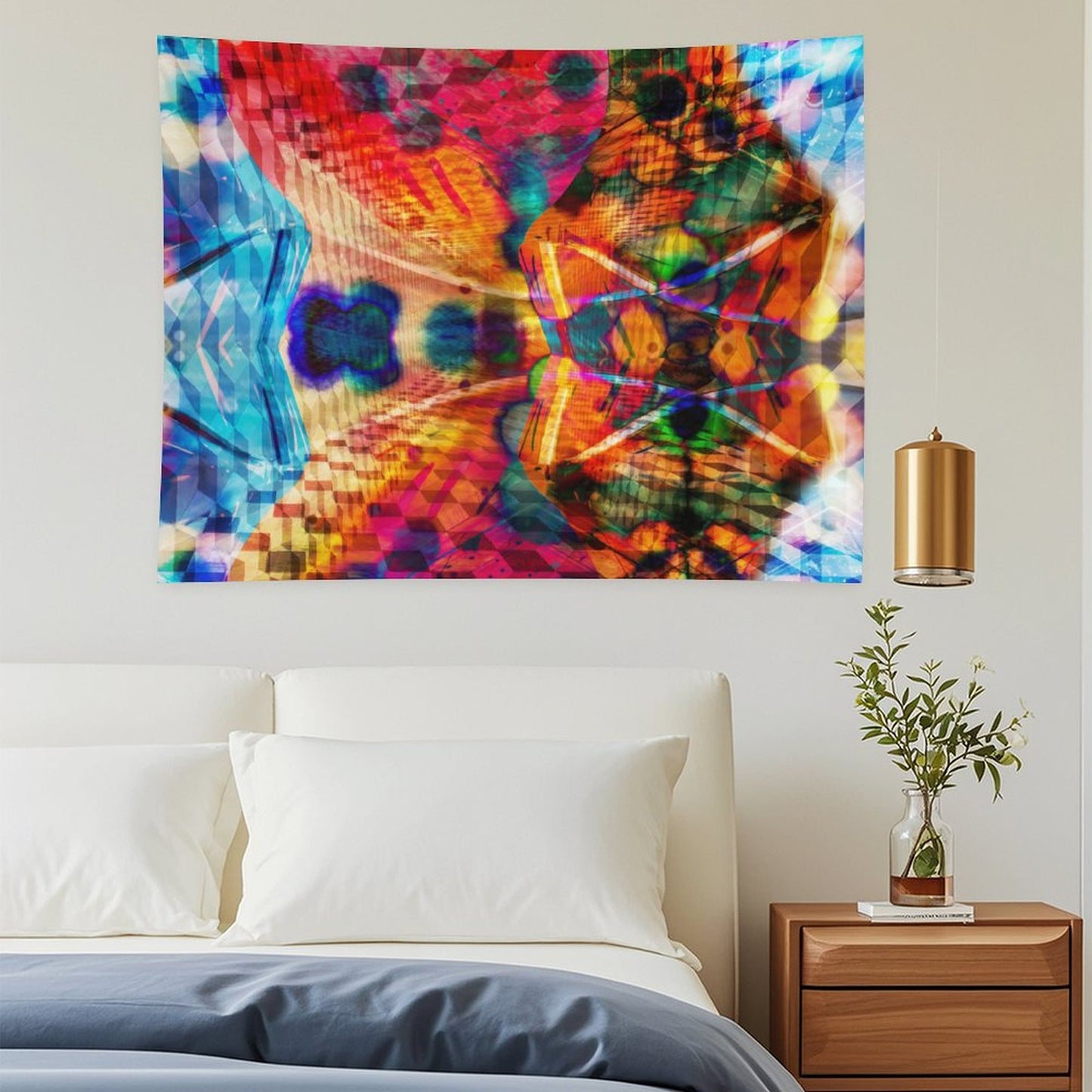 Split Wing psychedelic tapestry, kaleidoscopic symmetry split down the middle with hot orange against cold blue