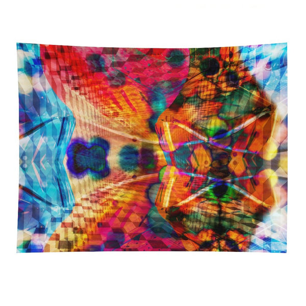 Split Wing psychedelic tapestry, kaleidoscopic symmetry split down the middle with hot orange against cold blue