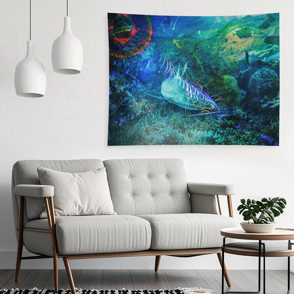 The Blue Meadow psychedelic tapestry, a reef floor in teal and green with a long patterned fish moving over the coral