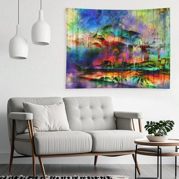 The Slow Crossing psychedelic tapestry, a pastel dreamscape with airships and balloons drifting above still water