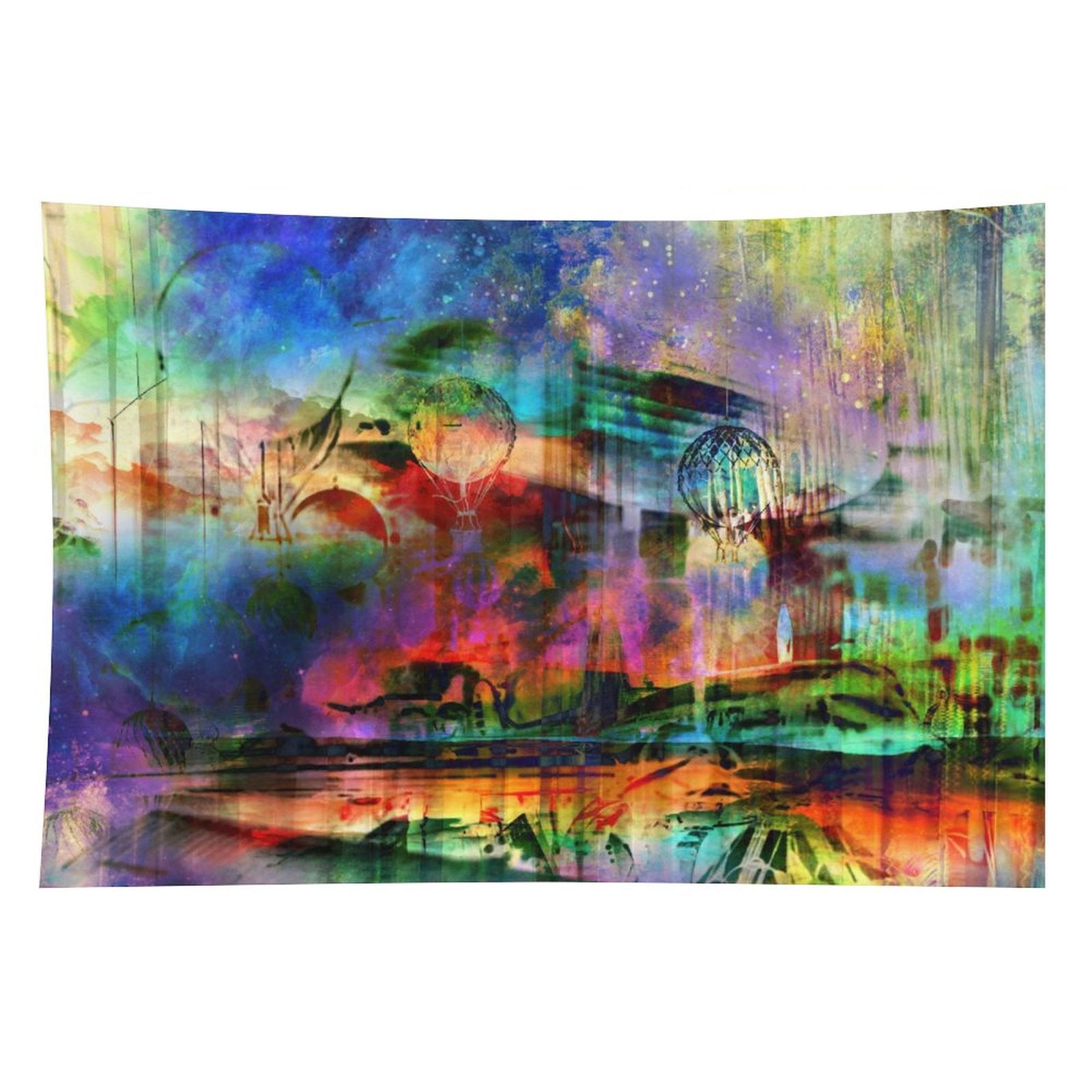 The Slow Crossing psychedelic tapestry, a pastel dreamscape with airships and balloons drifting above still water
