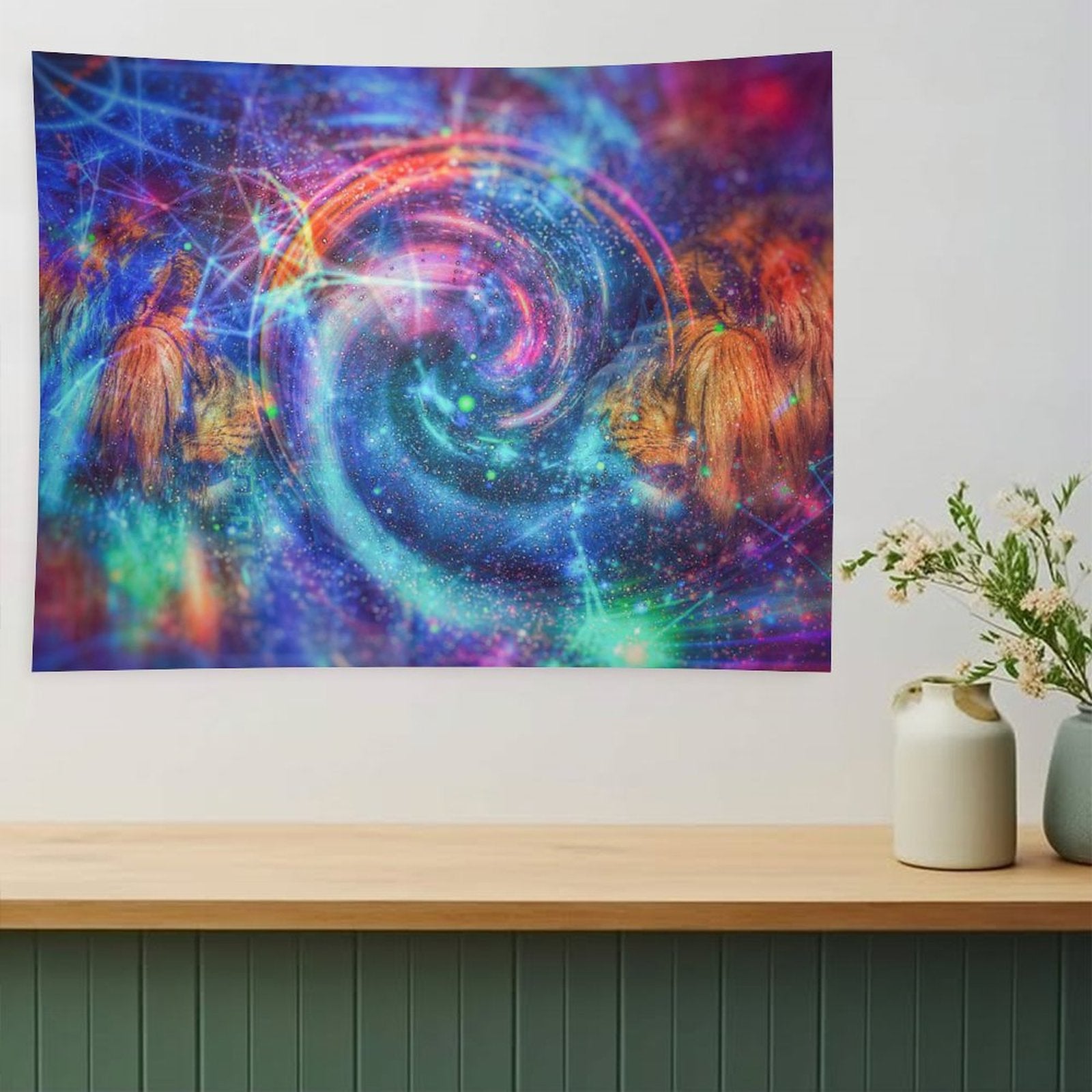 Twin Wardens psychedelic tapestry, a spiral galaxy vortex flanked by two golden maned guardians facing inward