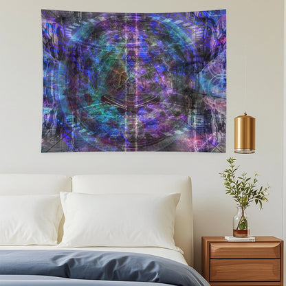 Still Point psychedelic tapestry, a seated figure at the center of a vast concentric mandala drawn like a blueprint