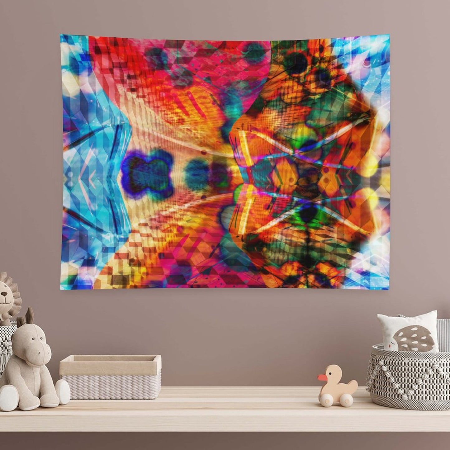 Split Wing psychedelic tapestry, kaleidoscopic symmetry split down the middle with hot orange against cold blue