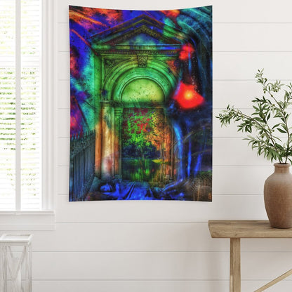 Threshold of Moss psychedelic tapestry, a stone archway lit green from within with overgrowth spilling through the opening