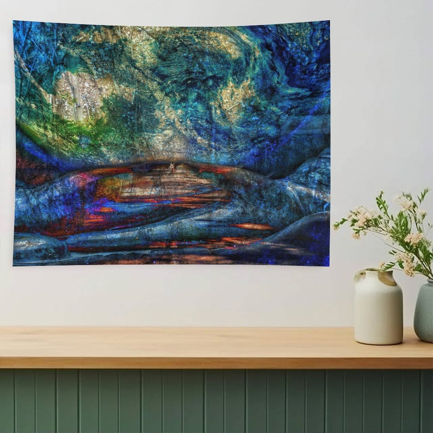 Stone Current psychedelic tapestry, layered rock in teal and gold with a river of light running through the strata