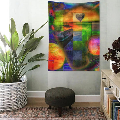 Heart Field psychedelic tapestry, a quilted grid of green and orange panels with a heart shaped tree and two planets