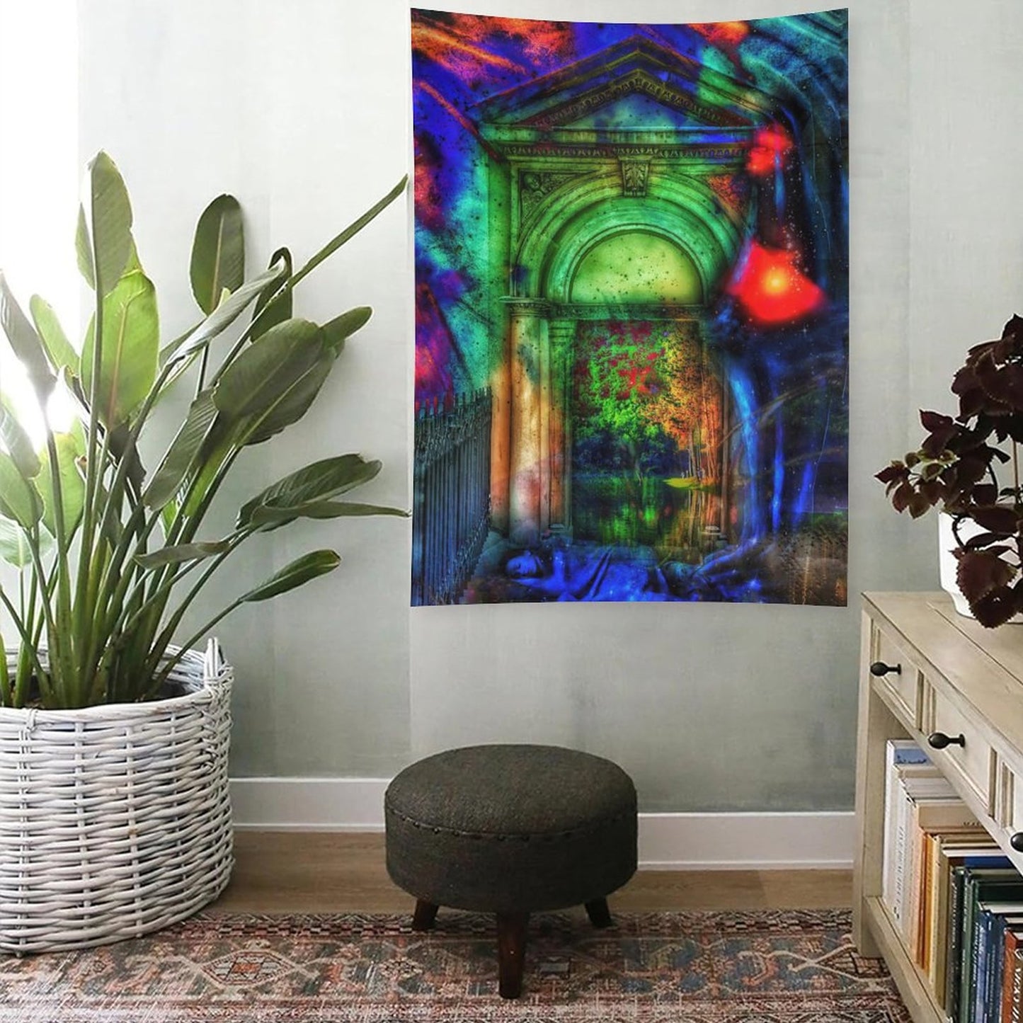 Threshold of Moss psychedelic tapestry, a stone archway lit green from within with overgrowth spilling through the opening