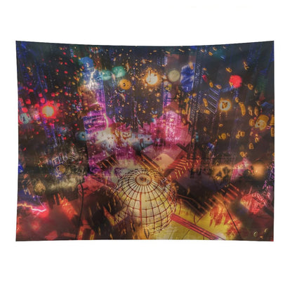 The Orrery psychedelic tapestry, a night city from above in warm bokeh with a brass armillary sphere across the foreground