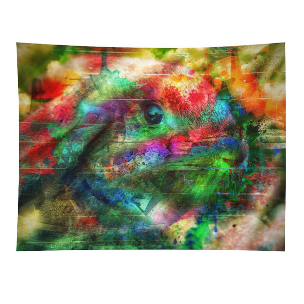 The Watcher psychedelic tapestry, a riotous color field with a single large eye and an animal head surfacing through it