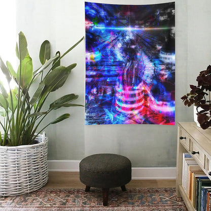 Butterfly Futures psychedelic tapestry, a radiant figure in blue and magenta with light bursting outward in bands