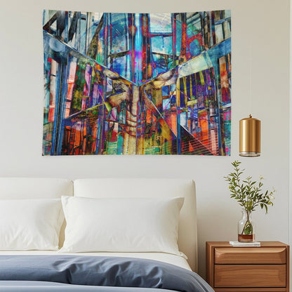 The Fold psychedelic tapestry, a mirrored urban corridor folded into kaleidoscope with stained glass color